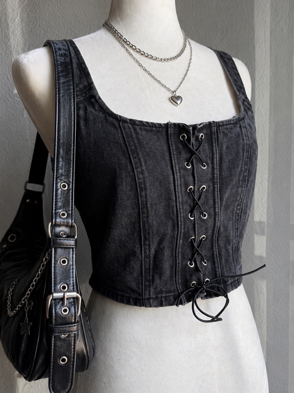 Wild Fable Black Washed Denim Lace-Up Corset Top Size L
